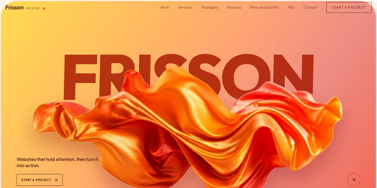 Frisson House homepage with its orange fluid sculpture