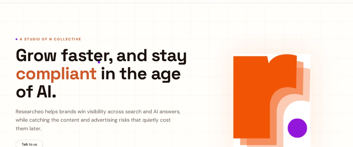 Researcheo homepage showing its growth and compliance proposition